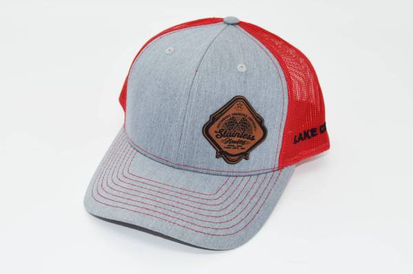 RETRO Stainless Headers Logo Hat- Leather Patch Grey on Red